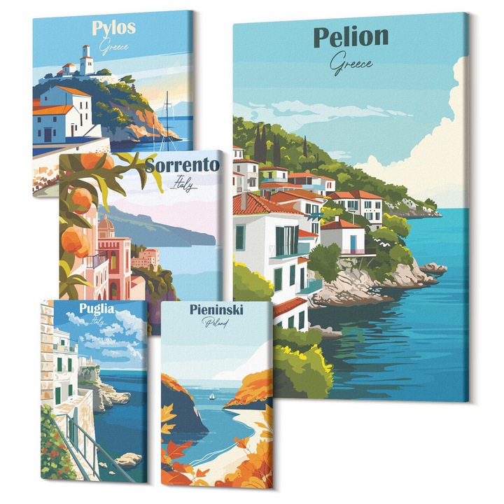 Decor perete tablouri, Wallfluent, Ilustratii colorate ale oraselor retro, 5 piese, (2x20x30 + 2x30x30 + 40x60 cm), Decorativ, Modern, 040030010500000288426