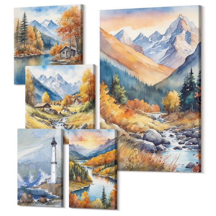 Set Tablouri Polycanvas, Wallfluent, Orase poloneze Ustka Tarnów Sopot, 5 piese, (2x20x30 + 2x30x30 + 40x60 cm), Decorativ, Modern, 040030010500000288431