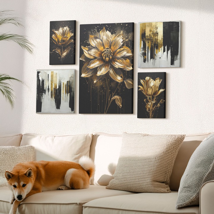 Set Tablouri Canvas decor interior, Wallfluent, Flower Bridge Life Inspiration, 5 piese, (2x20x30 + 2x30x30 + 40x60 cm), Decorativ, Modern, 040030010500000288381