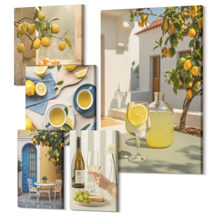 Set Tablou Canvas, Wallfluent, Limonada la soare la patio, 5 piese, (2x20x30 + 2x30x30 + 40x60 cm), Decorativ, Modern, 040030010500000288338