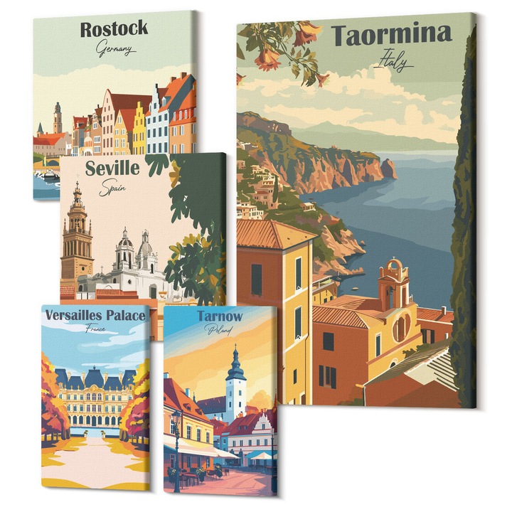 Set Tablouri Canvas decor interior, Wallfluent, Grafica retro oras, 5 piese, (2x20x30 + 2x30x30 + 40x60 cm), Decorativ, Modern, 040030010500000288423