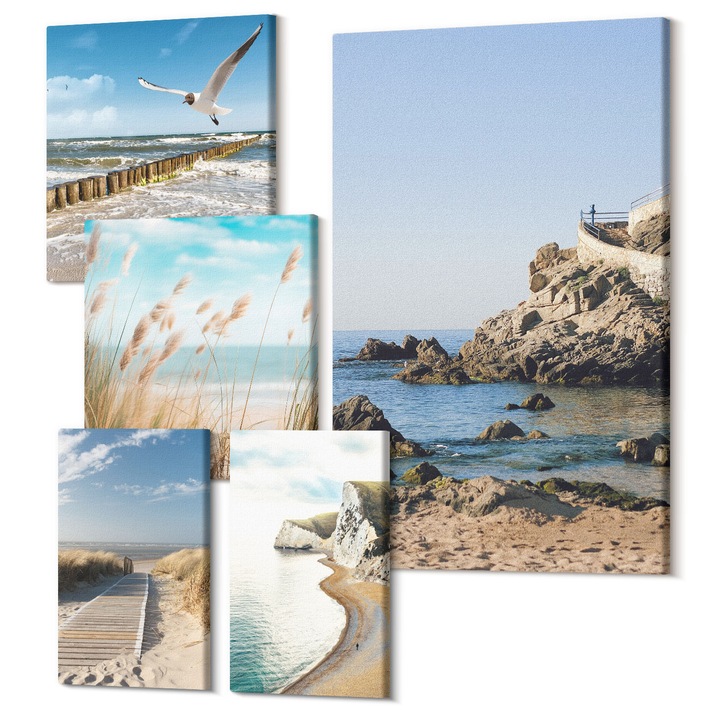 Tablouri modulare perete, Wallfluent, Insule tropicale turcoaz, 5 piese, (2x20x30 + 2x30x30 + 40x60 cm), Decorativ, Modern, 040030010500000288481