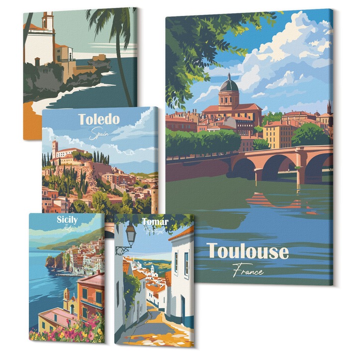 Set Tablou Canvas, Wallfluent, Ilustratii de arhitectura retro munti, 5 piese, (2x20x30 + 2x30x30 + 40x60 cm), Decorativ, Modern, 040030010500000288422