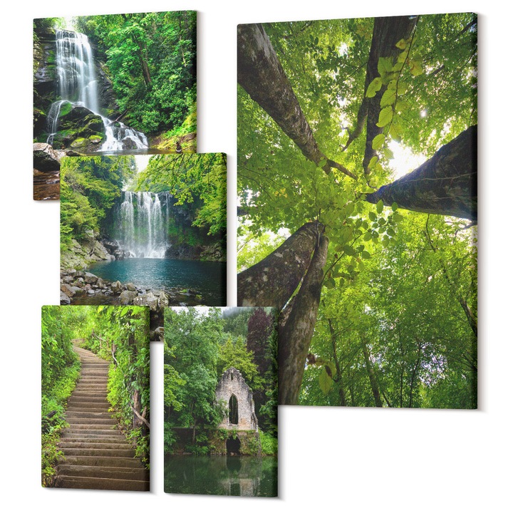 Set Tablou 5 piese pentaptic, Wallfluent, Monumente ale Europei in culori calde, 5 piese, (2x20x30 + 2x30x30 + 40x60 cm), Decorativ, Modern, 040030010500000288470