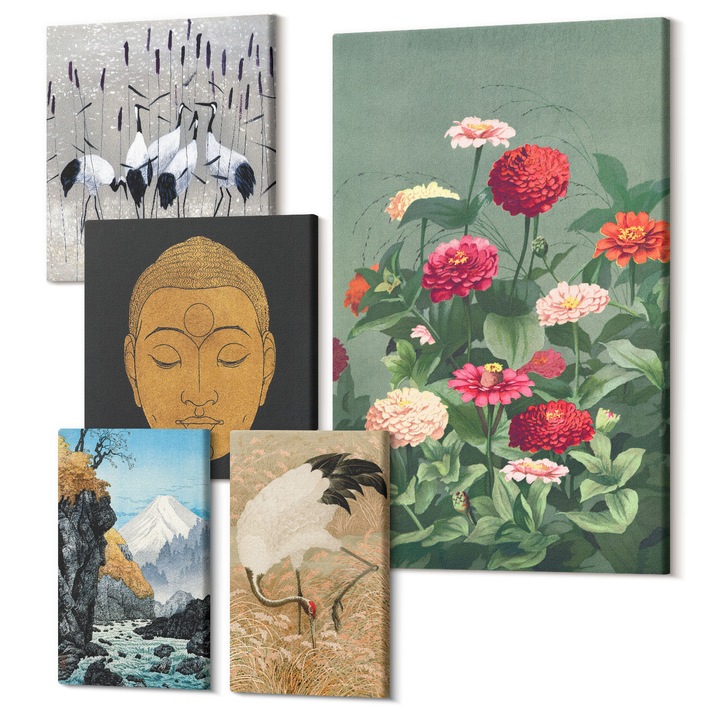 Set Tablou 5 piese pentaptic, Wallfluent, Inspiratie cu flori abstracte de munti, 5 piese, (2x20x30 + 2x30x30 + 40x60 cm), Decorativ, Modern, 040030010500000288491