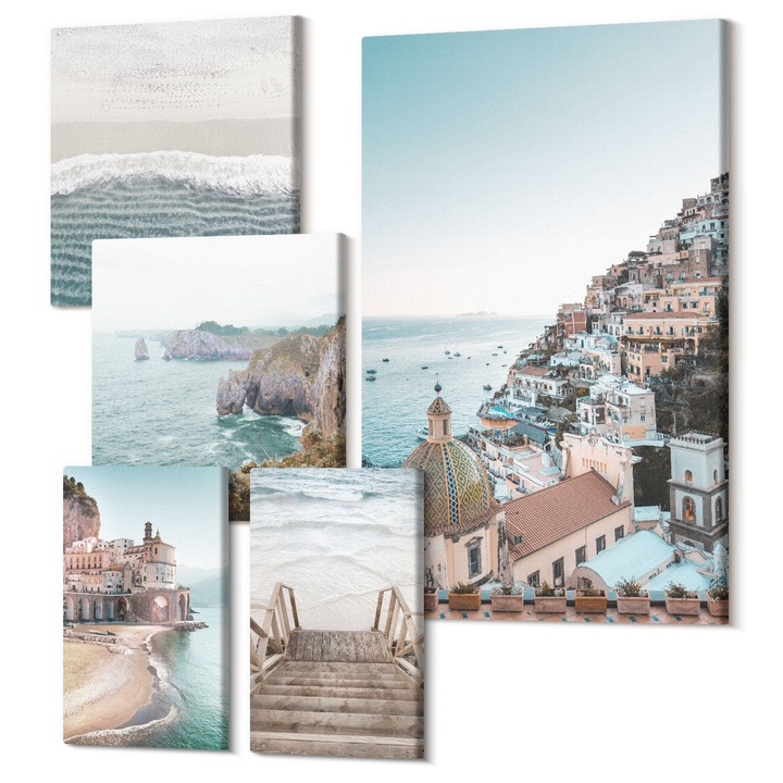 Set Tablouri Polycanvas, Wallfluent, Cascadele muntii pun copaci, 5 piese, (2x20x30 + 2x30x30 + 40x60 cm), Decorativ, Modern, 040030010500000288515