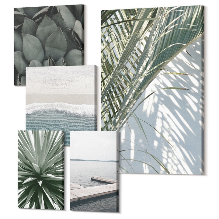 Set Tablouri Polycanvas, Wallfluent, Pod balansoar cu frunze de palmier, 5 piese, (2x20x30 + 2x30x30 + 40x60 cm), Decorativ, Modern, 040030010500000288529