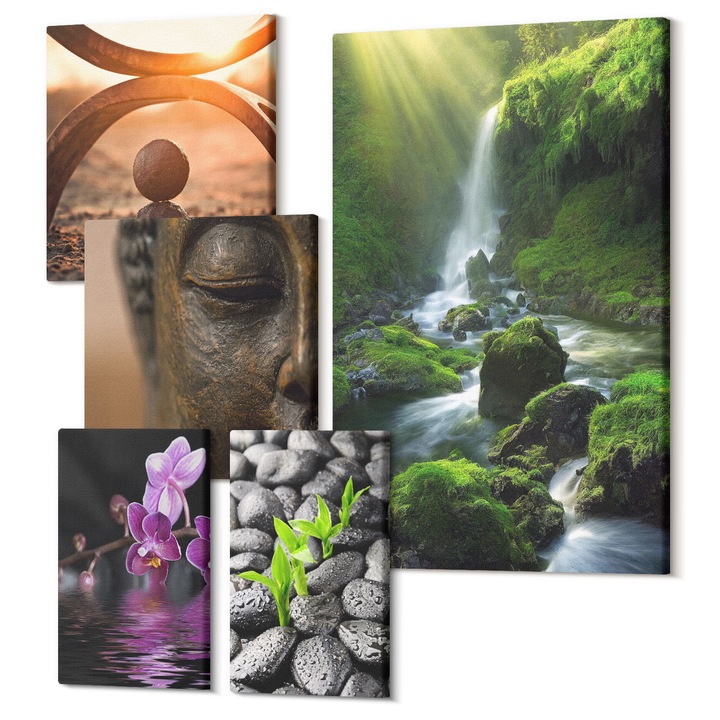 Set Tablouri Polycanvas, Wallfluent, Peisaj de iarna cu aurore, 5 piese, (2x20x30 + 2x30x30 + 40x60 cm), Decorativ, Modern, 040030010500000288452