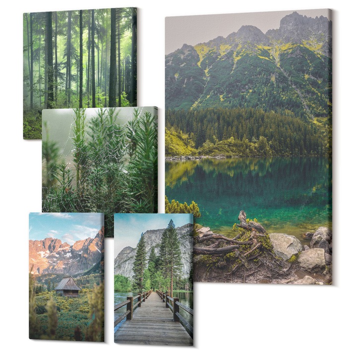 Set Tablou Canvas, Wallfluent, Desene de plante minimaliste, 5 piese, (2x20x30 + 2x30x30 + 40x60 cm), Decorativ, Modern, 040030010500000288499