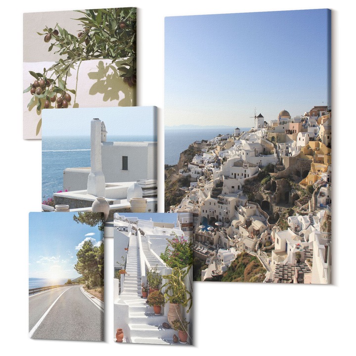 Set Tablouri Canvas decor interior, Wallfluent, Scarile albe cu vedere la Santorini, 5 piese, (2x20x30 + 2x30x30 + 40x60 cm), Decorativ, Modern, 040030010500000288577