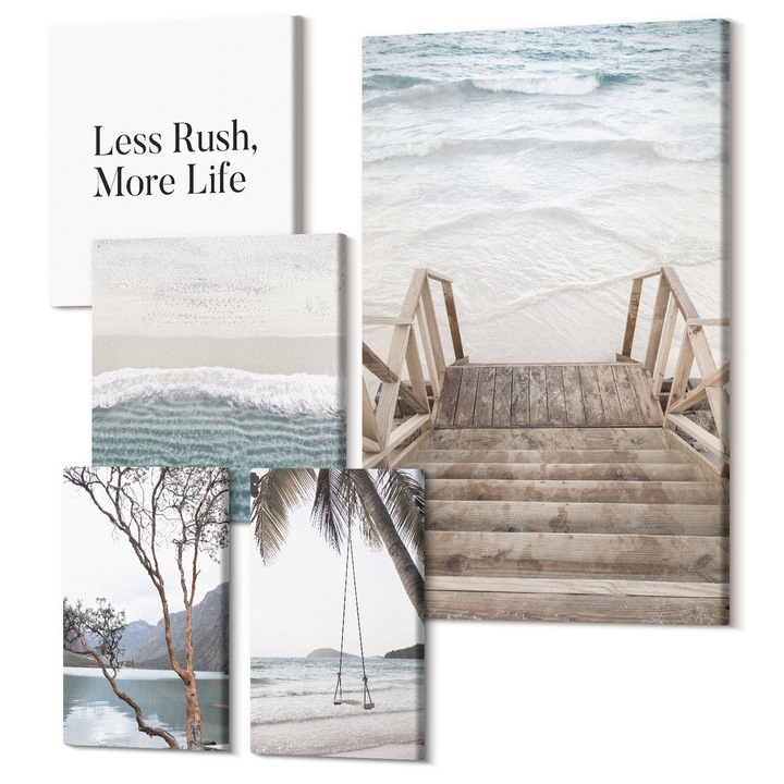 Set Tablouri Polycanvas, Wallfluent, Vacanta tropicala, 5 piese, (2x20x30 + 2x30x30 + 40x60 cm), Decorativ, Modern, 040030010500000288599