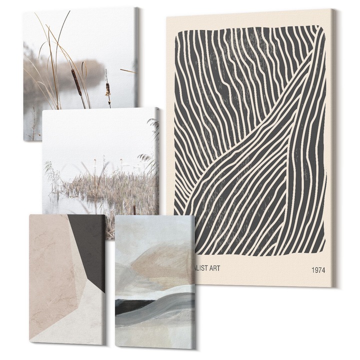 Set Tablou 5 piese pentaptic, Wallfluent, Modele abstracte de decor boho, 5 piese, (2x20x30 + 2x30x30 + 40x60 cm), Decorativ, Modern, 040030010500000288568