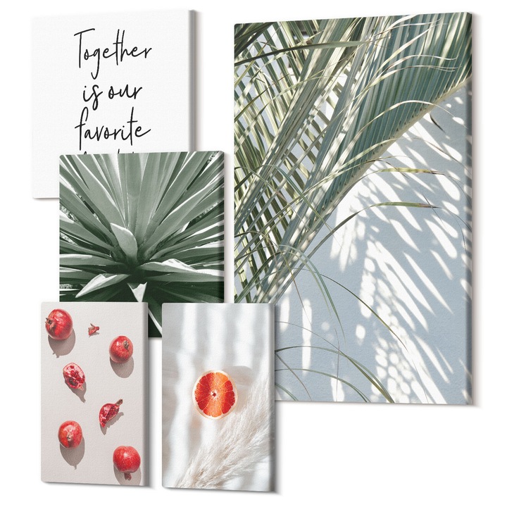 Decor perete tablouri, Wallfluent, Inscriptie cu fructe de palmier de sarbatoare, 5 piese, (2x20x30 + 2x30x30 + 40x60 cm), Decorativ, Modern, 040030010500000288594