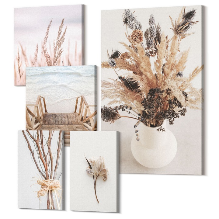Set Tablou Canvas, Wallfluent, Flori ramuri minimalism natura, 5 piese, (2x20x30 + 2x30x30 + 40x60 cm), Decorativ, Modern, 040030010500000288569