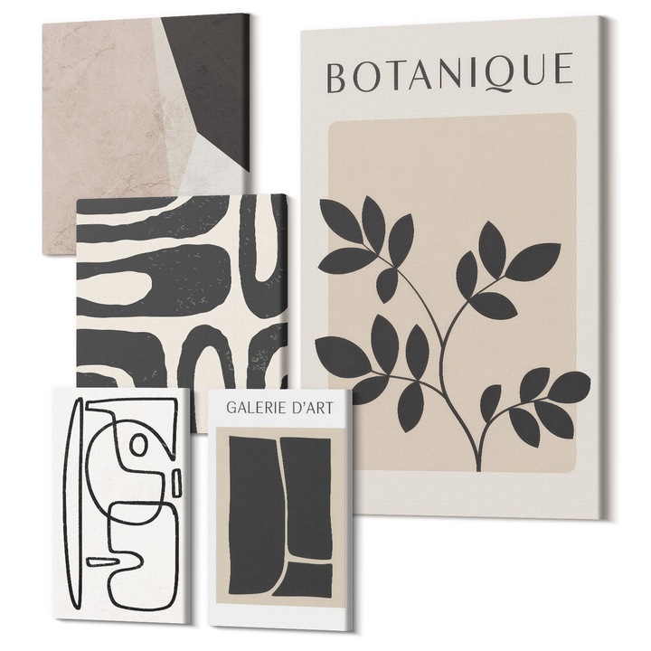 Tablouri modulare perete, Wallfluent, Forme de modele boho abstracte, 5 piese, (2x20x30 + 2x30x30 + 40x60 cm), Decorativ, Modern, 040030010500000288628