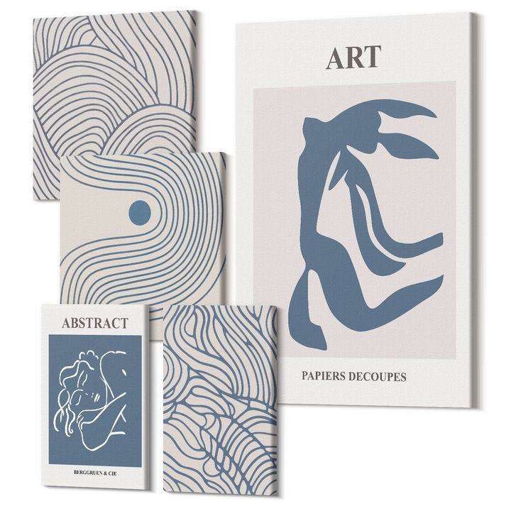 Set Tablou Canvas, Wallfluent, Linii albastre abstracte, 5 piese, (2x20x30 + 2x30x30 + 40x60 cm), Decorativ, Modern, 040030010500000288625