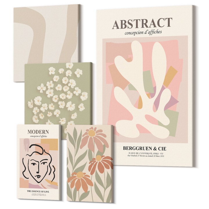 Set Tablouri Polycanvas, Wallfluent, Femeie abstracta moderna, 5 piese, (2x20x30 + 2x30x30 + 40x60 cm), Decorativ, Modern, 040030010500000288662