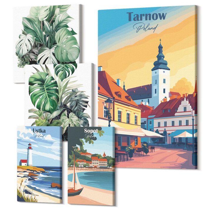 Set Tablouri Canvas decor interior, Wallfluent, Peisaje de orase si natura, 5 piese, (2x20x30 + 2x30x30 + 40x60 cm), Decorativ, Modern, 040030010500000288430