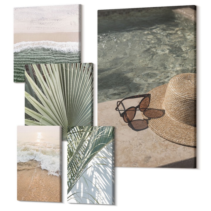 Set Tablouri Polycanvas, Wallfluent, Ochelari de soare cu palarie de plaja cu apa, 5 piese, (2x20x30 + 2x30x30 + 40x60 cm), Decorativ, Modern, 040030010500000288592