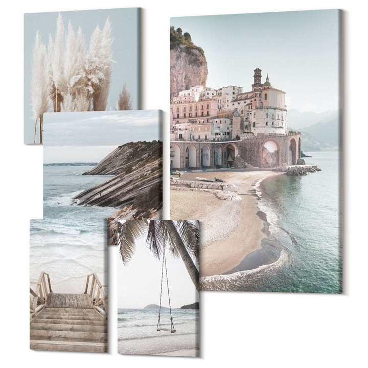 Picturi pe panza pentaptic pentru living, Wallfluent, Modele abstracte alb bej, 5 piese, (2x20x30 + 2x30x30 + 40x60 cm), Decorativ, Modern, 040030010500000288595