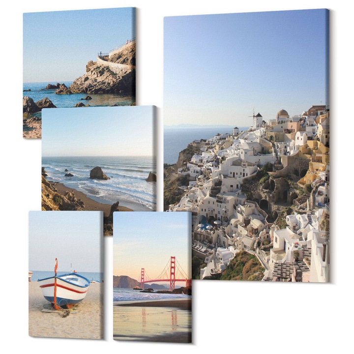 Picturi pe panza pentaptic pentru living, Wallfluent, Lacuri de munte peisaj natural, 5 piese, (2x20x30 + 2x30x30 + 40x60 cm), Decorativ, Modern, 040030010500000288476