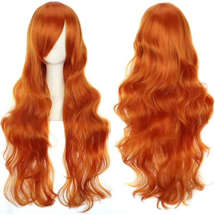 Peruca neagra lunga, ondulata, cu breton, dimensiune medie