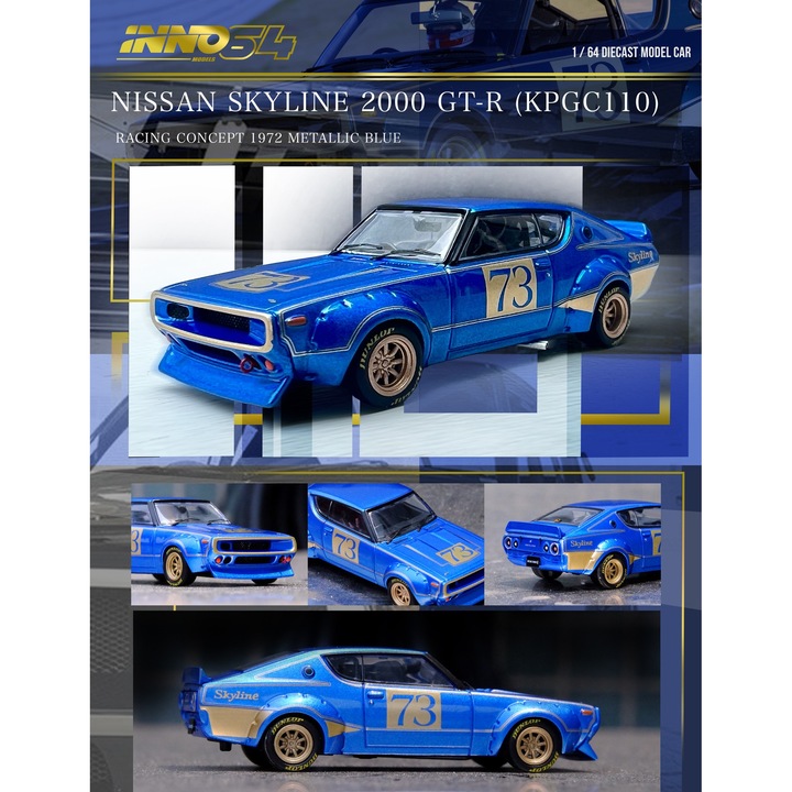 Autoturism de colecție, Inno64, Nissan Skyline 2000 GT-R, detalii premium, albastru, 1:64