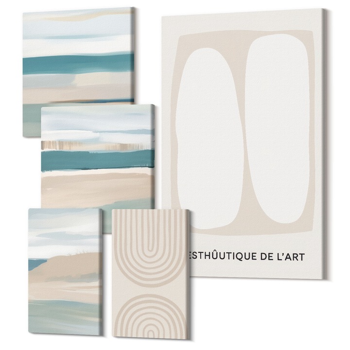 Picturi pe panza pentaptic pentru living, Wallfluent, Peisaje abstracte albastre, 5 piese, (2x20x30 + 2x30x30 + 40x60 cm), Decorativ, Modern, 040030010500000288602