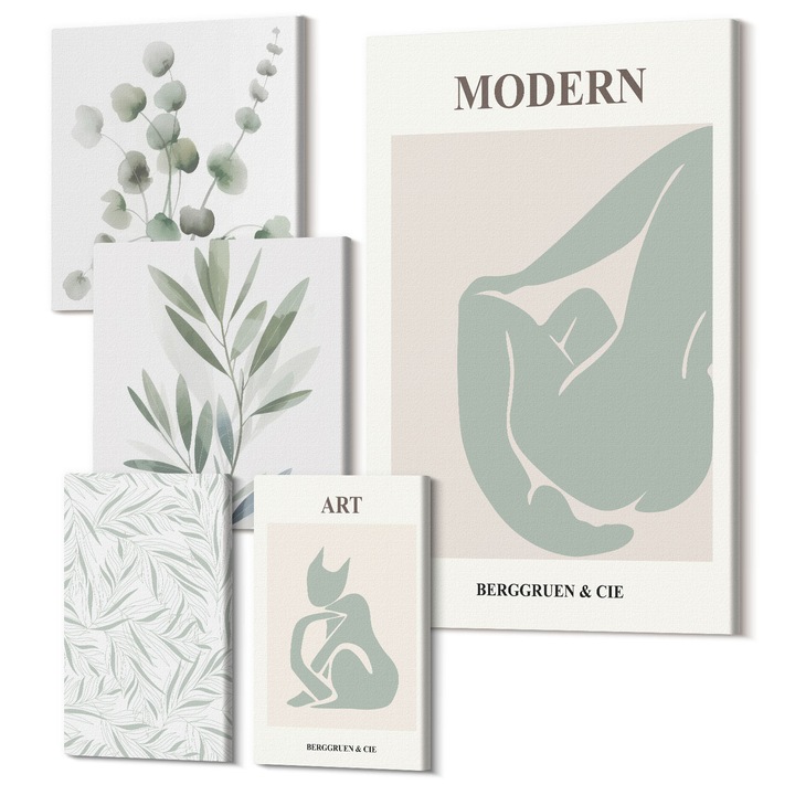 Picturi pe panza pentaptic pentru living, Wallfluent, Motive vegetale, verde delicat, 5 piese, (2x20x30 + 2x30x30 + 40x60 cm), Decorativ, Modern, 040030010500000288658