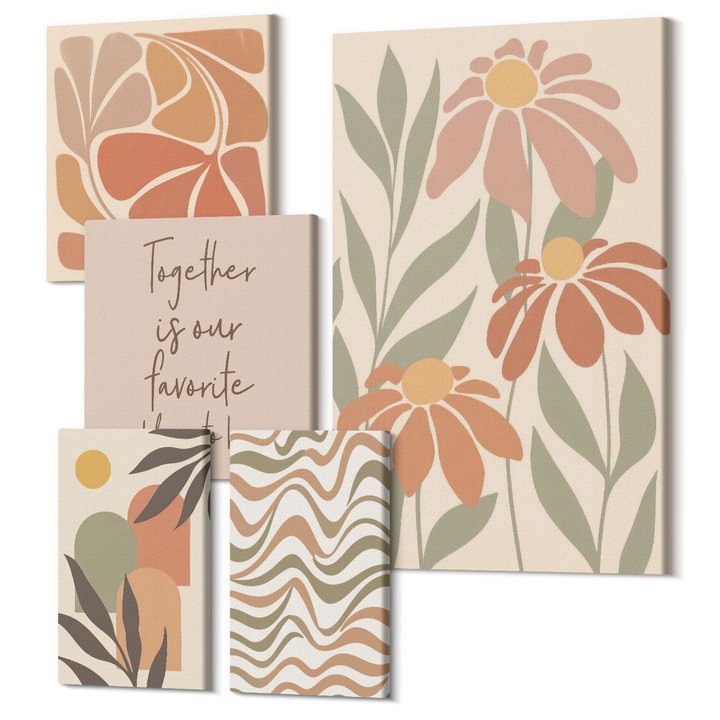 Decor perete tablouri, Wallfluent, Flori abstracte pastelate, 5 piese, (2x20x30 + 2x30x30 + 40x60 cm), Decorativ, Modern, 040030010500000288629