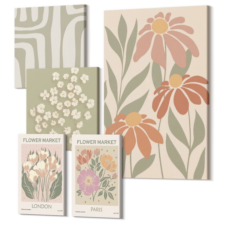 Set Tablouri Canvas decor interior, Wallfluent, Motive botanice minimalismul parizian, 5 piese, (2x20x30 + 2x30x30 + 40x60 cm), Decorativ, Modern, 040030010500000288633