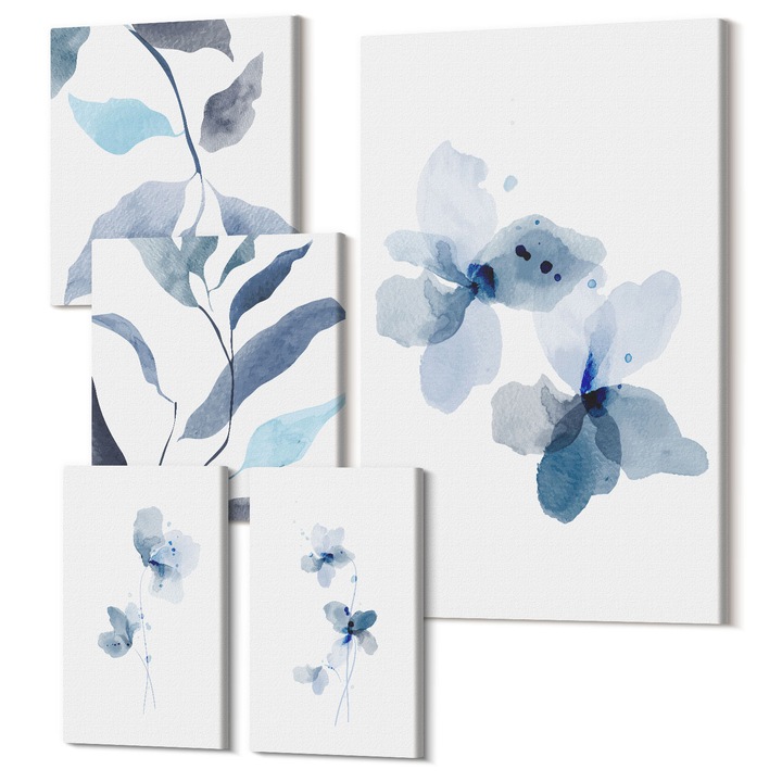 Picturi pe panza pentaptic pentru living, Wallfluent, Flori albastre minimaliste, 5 piese, (2x20x30 + 2x30x30 + 40x60 cm), Decorativ, Modern, 040030010500000288504