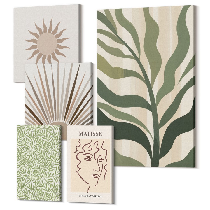 Tablouri modulare perete, Wallfluent, Modele abstracte de plante, 5 piese, (2x20x30 + 2x30x30 + 40x60 cm), Decorativ, Modern, 040030010500000288649