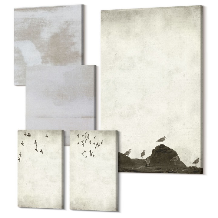Set Tablou Canvas, Wallfluent, Textura stol de pasari, 5 piese, (2x20x30 + 2x30x30 + 40x60 cm), Decorativ, Modern, 040030010500000289003