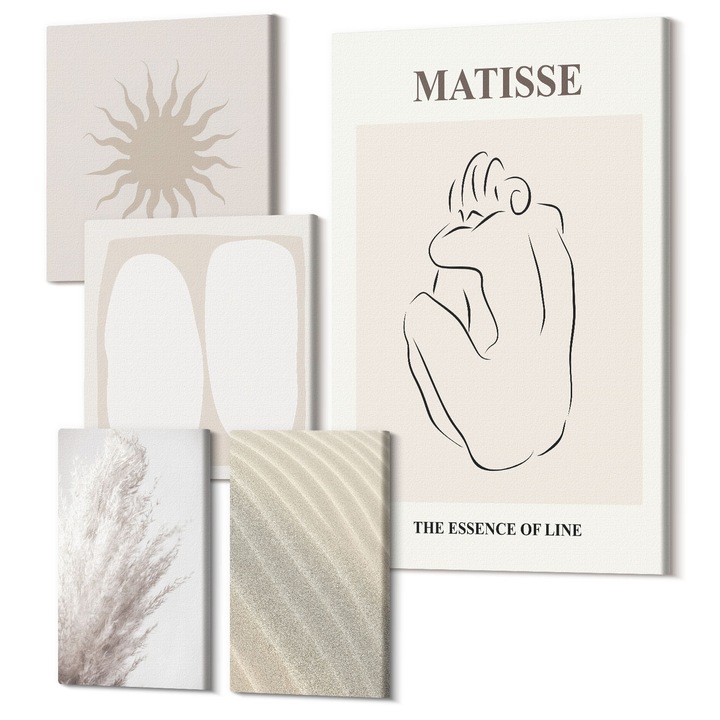 Picturi pe panza pentaptic pentru living, Wallfluent, Valuri de nisip minimaliste, 5 piese, (2x20x30 + 2x30x30 + 40x60 cm), Decorativ, Modern, 040030010500000288672