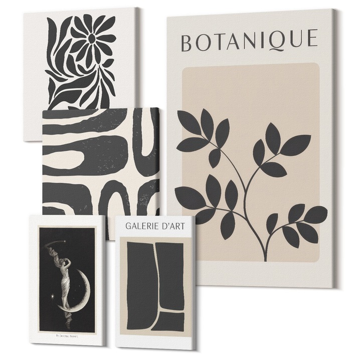 Set Tablouri Polycanvas, Wallfluent, Modele abstracte de plante, 5 piese, (2x20x30 + 2x30x30 + 40x60 cm), Decorativ, Modern, 040030010500000288655