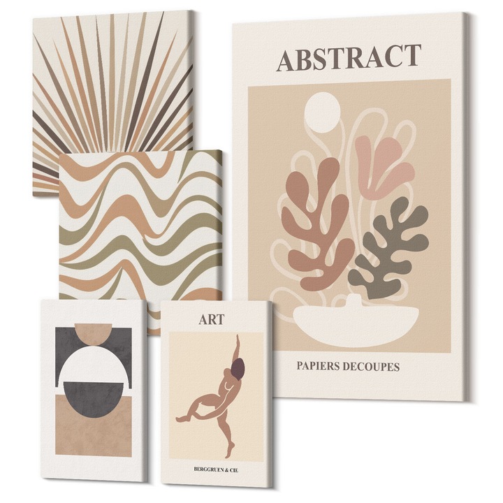 Decor perete tablouri, Wallfluent, Modele abstracte Matisse boho, 5 piese, (2x20x30 + 2x30x30 + 40x60 cm), Decorativ, Modern, 040030010500000288664