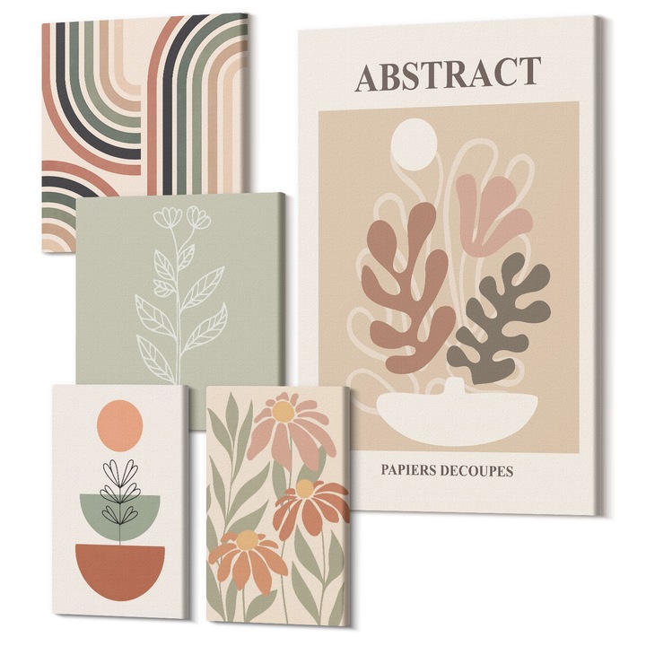 Set Tablouri Canvas decor interior, Wallfluent, Plante pastel abstracte, 5 piese, (2x20x30 + 2x30x30 + 40x60 cm), Decorativ, Modern, 040030010500000288654