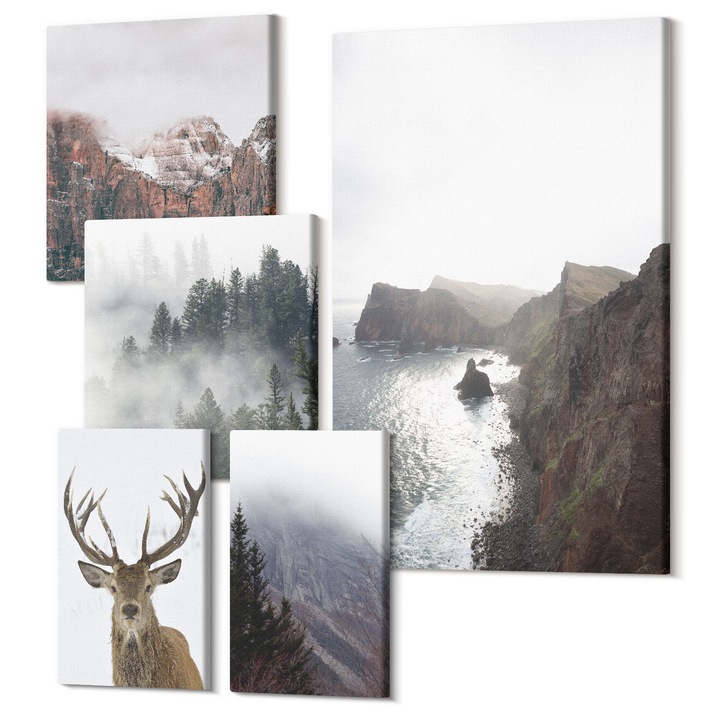 Tablouri modulare perete, Wallfluent, Peisaj montan ceata cerb, 5 piese, (2x20x30 + 2x30x30 + 40x60 cm), Decorativ, Modern, 040030010500000288579