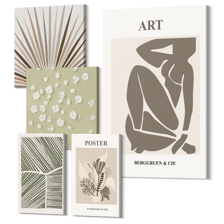 Decor perete tablouri, Wallfluent, Motive vegetale in culori discrete, 5 piese, (2x20x30 + 2x30x30 + 40x60 cm), Decorativ, Modern, 040030010500000288643