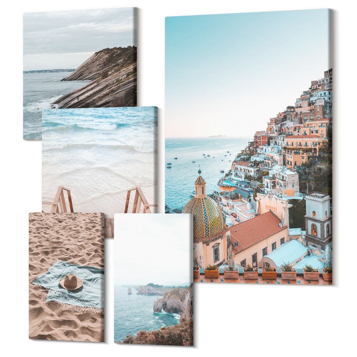 Set Tablou Canvas, Wallfluent, Peisaje montane si cascade, 5 piese, (2x20x30 + 2x30x30 + 40x60 cm), Decorativ, Modern, 040030010500000288513