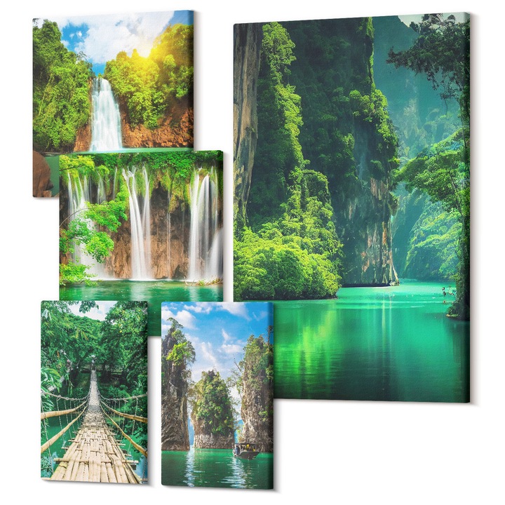 Picturi pe panza pentaptic pentru living, Wallfluent, Lac, munti, barci, cabana, 5 piese, (2x20x30 + 2x30x30 + 40x60 cm), Decorativ, Modern, 040030010500000288469