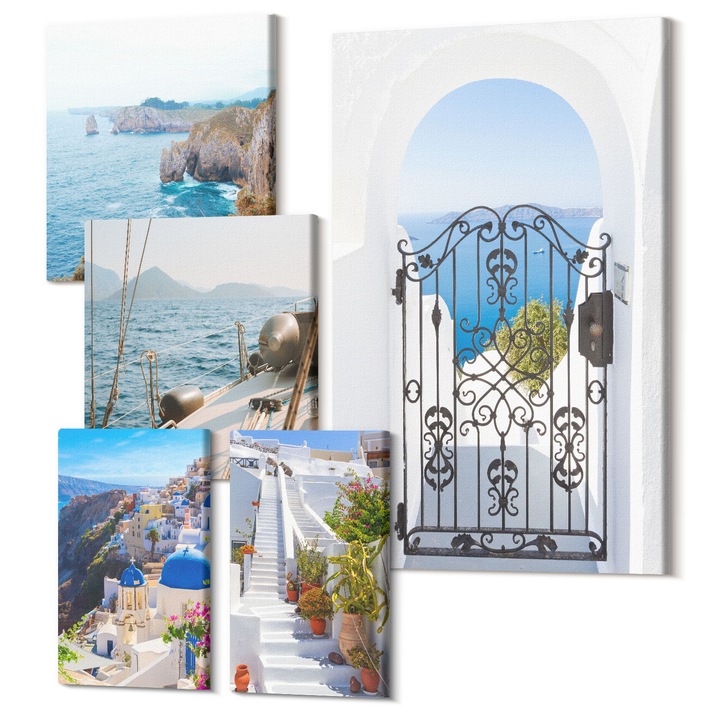 Picturi pe panza pentaptic pentru living, Wallfluent, Santorini Arhitectura Greaca Oia, 5 piese, (2x20x30 + 2x30x30 + 40x60 cm), Decorativ, Modern, 040030010500000288553