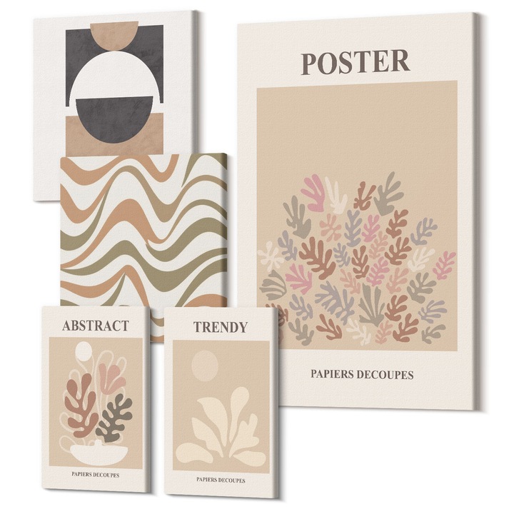 Picturi pe panza pentaptic pentru living, Wallfluent, Modele de forme abstracte, 5 piese, (2x20x30 + 2x30x30 + 40x60 cm), Decorativ, Modern, 040030010500000288665