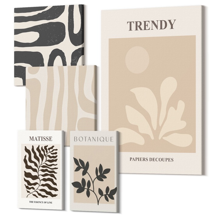 Set Tablou Canvas, Wallfluent, Modele de plante elegante in bej si negru, 5 piese, (2x20x30 + 2x30x30 + 40x60 cm), Decorativ, Modern, 040030010500000288667