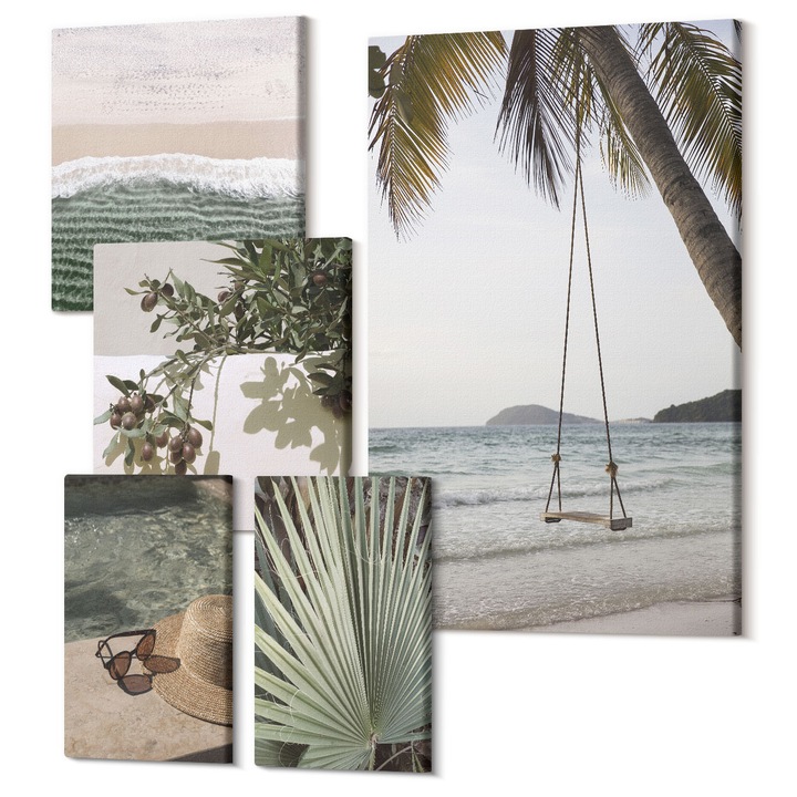 Decor perete tablouri, Wallfluent, Vacanta de leagan pe plaja, 5 piese, (2x20x30 + 2x30x30 + 40x60 cm), Decorativ, Modern, 040030010500000288587