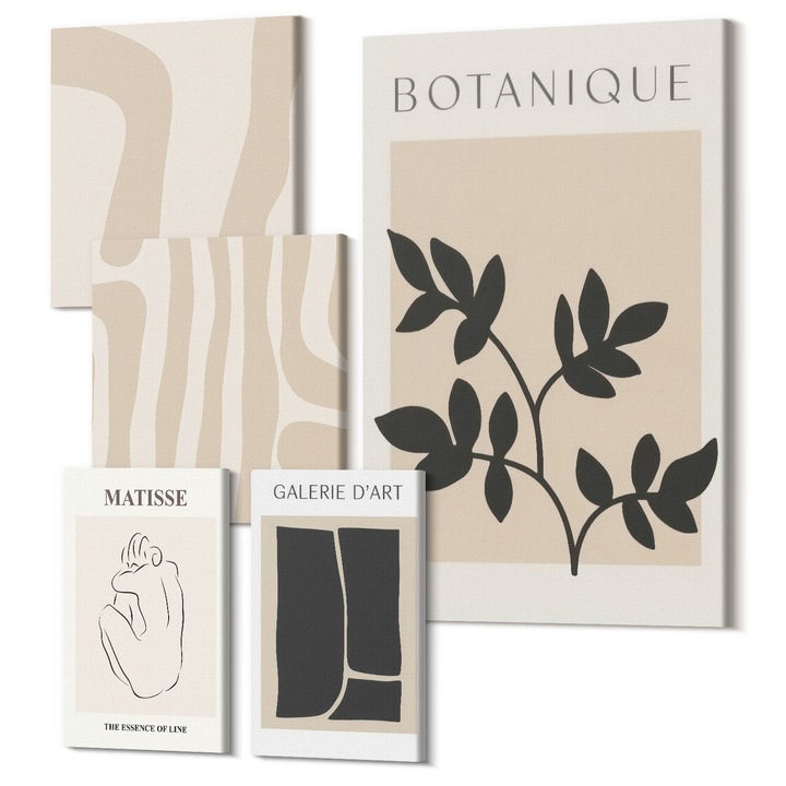 Set Tablouri Canvas decor interior, Wallfluent, Motive abstracte de plante, 5 piese, (2x20x30 + 2x30x30 + 40x60 cm), Decorativ, Modern, 040030010500000288619