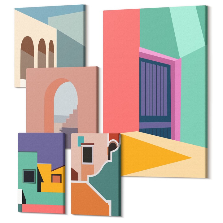 Set Tablouri Canvas decor interior, Wallfluent, Ilustratii colorate ale orasului, 5 piese, (2x20x30 + 2x30x30 + 40x60 cm), Decorativ, Modern, 040030010500000289039