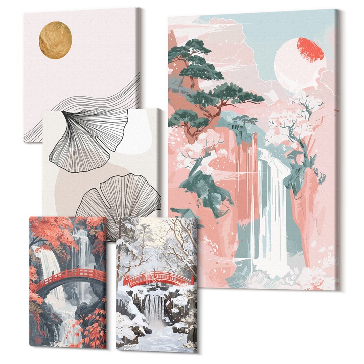 Set Tablou 5 piese pentaptic, Wallfluent, Cascade, poduri, copaci, anotimpuri, 5 piese, (2x20x30 + 2x30x30 + 40x60 cm), Decorativ, Modern, 040030010500000288512