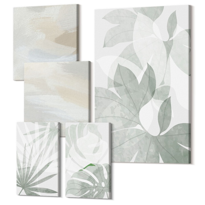 Picturi pe panza pentaptic pentru living, Wallfluent, Frunzele plantelor sunt de culoare gri-verzuie, 5 piese, (2x20x30 + 2x30x30 + 40x60 cm), Decorativ, Modern, 040030010500000288511